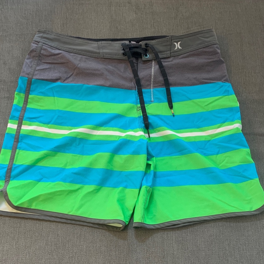 Hurley Men's Striped Aqua and Lime Board Shorts